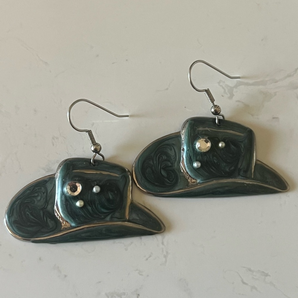 Green Cowboy Grandma Vintage Hat Dangle Earrings